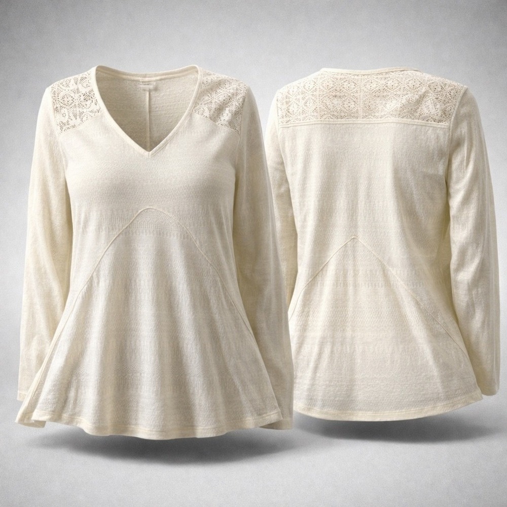 🍁Self Esteem Womens XL Cream Lace Shoulder V-Neck Long Sleeve Babydoll Top Blous